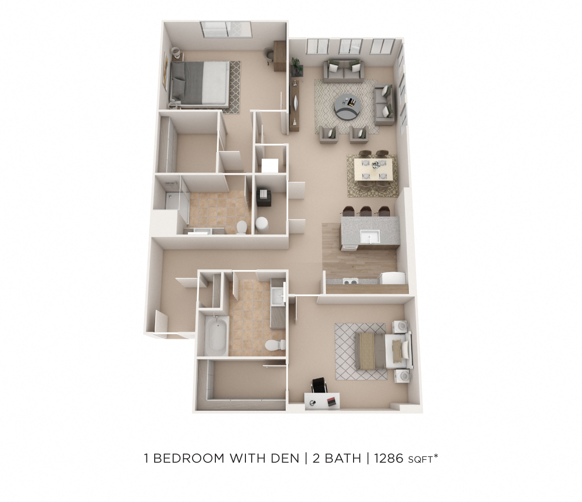 Floor plan for 2 beds, 2 baths, 1286 sqft
